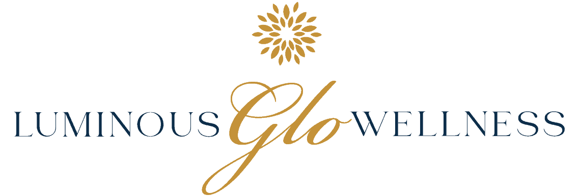 The logo features "Luminous Glo Wellness" in elegant fonts, adorned with a stylized gold flower design above the name, capturing the essence of wellness perfectly.