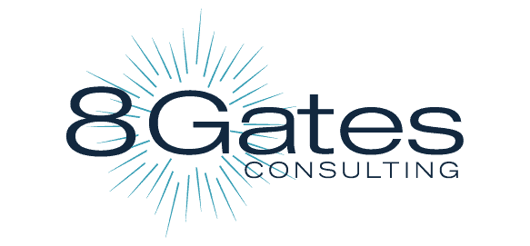 Logo of 8 Gates Consulting, featuring a dynamic sunburst design emanating from the figure eight.