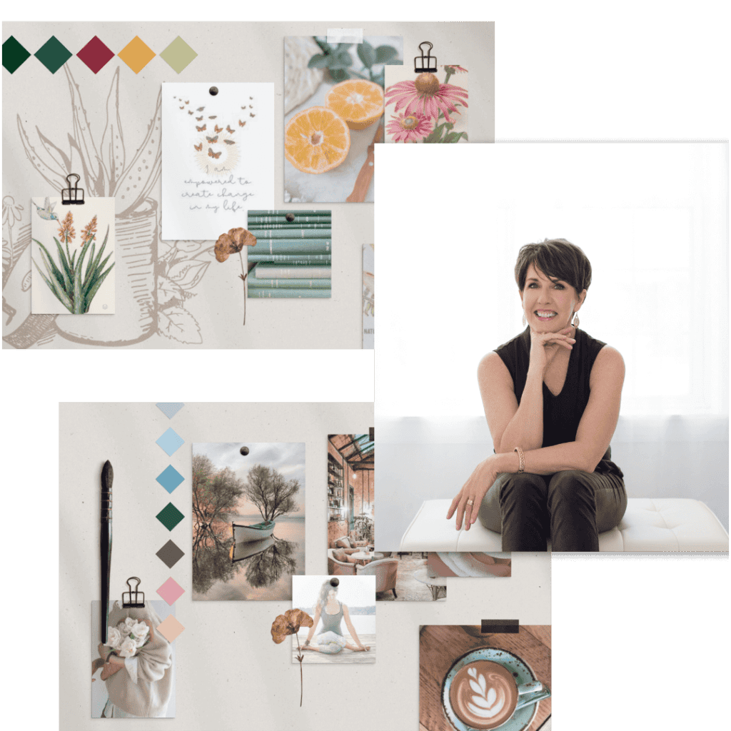 A collage showcasing plant sketches, colorful swatches, branding elements, photos of nature, books, and a woman sitting against a white background.