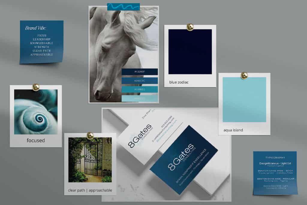 A collage with a horse photo, color swatches, business cards, and descriptive text highlighting themes of focus, clarity, and approachability.