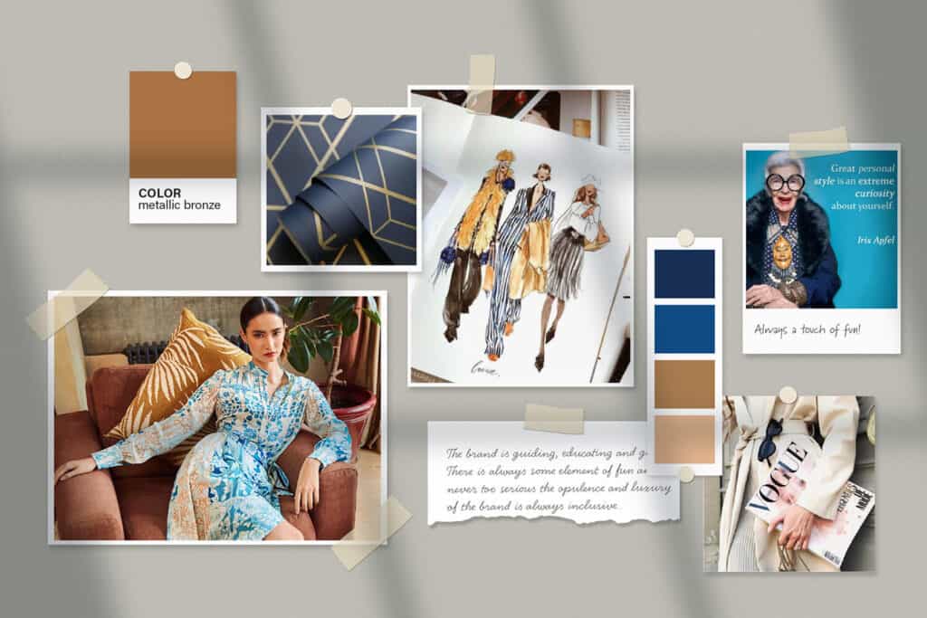 Mood board featuring fabric swatches, fashion sketches, a woman in a blue patterned dress, and quotes taped to a light gray background.