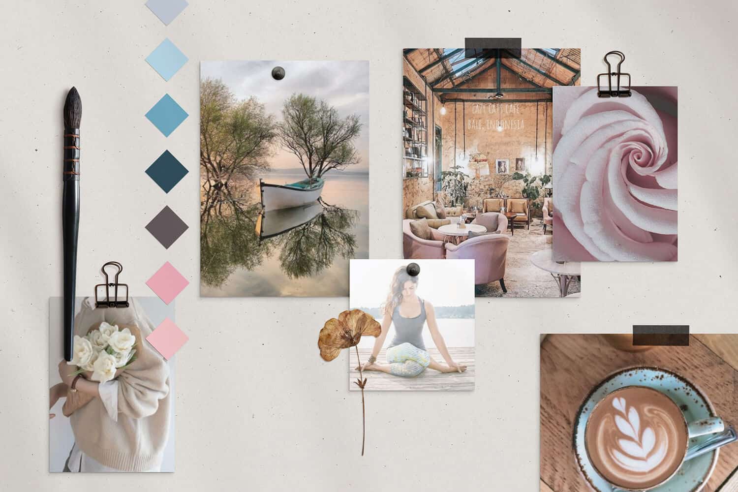 A mood board features color swatches, a paintbrush, and photos showcasing nature, a cozy interior, yoga, coffee art, and a bouquet, against a neutral backdrop.