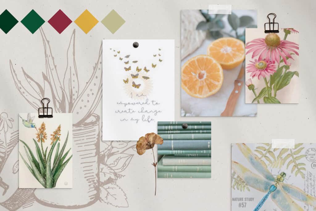 A collage featuring colorful swatches, botanical illustrations, sliced oranges, books, a dried leaf, and text with butterflies.