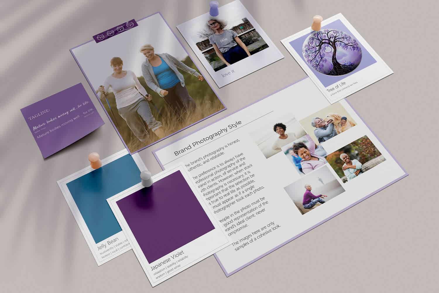 A layout showcasing a purple-toned photography style guide with images of people, a tree, and color swatches.