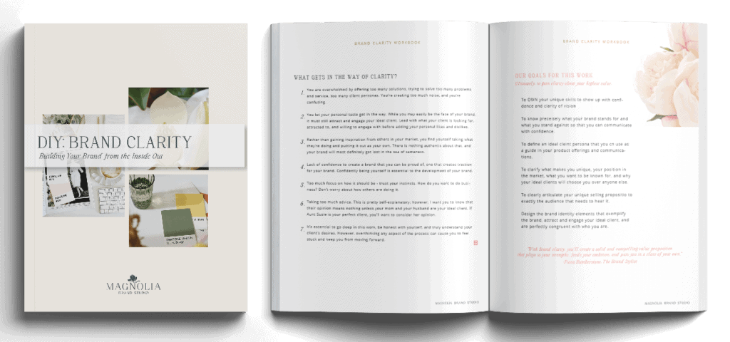 Mockup of Sue Forrest's DIY Brand Clarity Workbook. This image shows the cover page and a look inside the pages of the workbook.