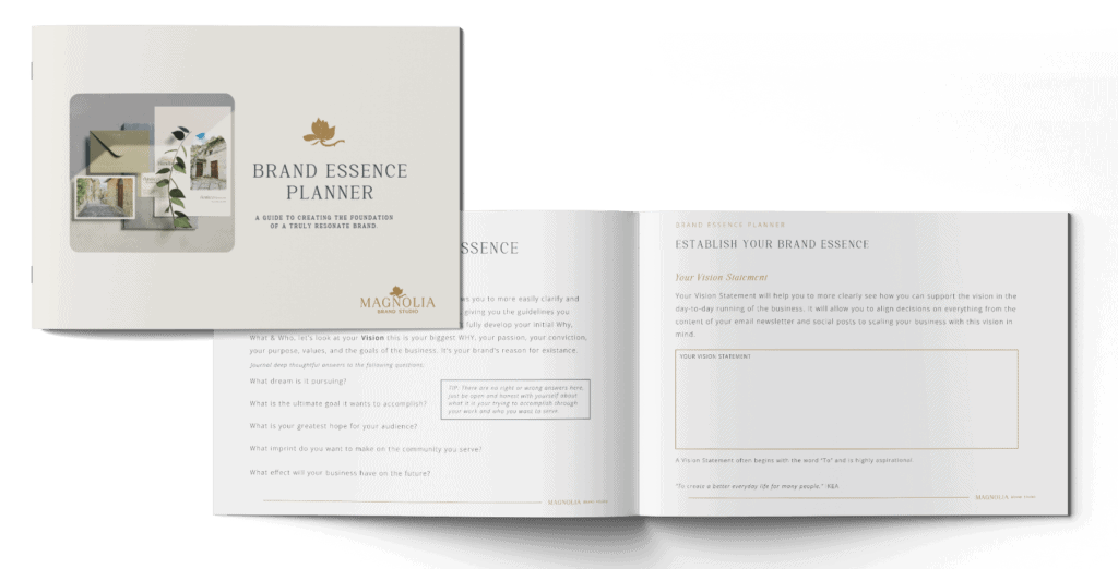 Brand Essence Planner with a minimalistic beige cover, showcasing sections for branding essence and vision statement exercises.