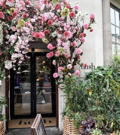 Entrance of a building adorned with a floral arch and surrounded by various green plants. The door has "hush" logos on either side.