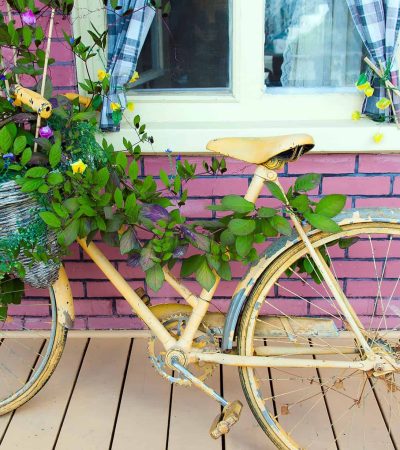 A vintage yellow bicycle is decorated with lush green plants and pink flowers, leaning against a pink brick wall with a window.