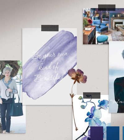A collage featuring an older woman with short gray hair, inspirational quotes, flowers, living room decor, and a blue and purple palette—designed to reflect your brand and capture an authentic brand style.